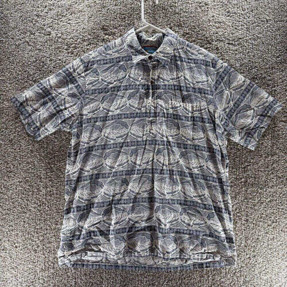 Reyn‎ Spooner Shirt Mens Large Tall Waves Hawaiian Henley Camp Button Up Adult